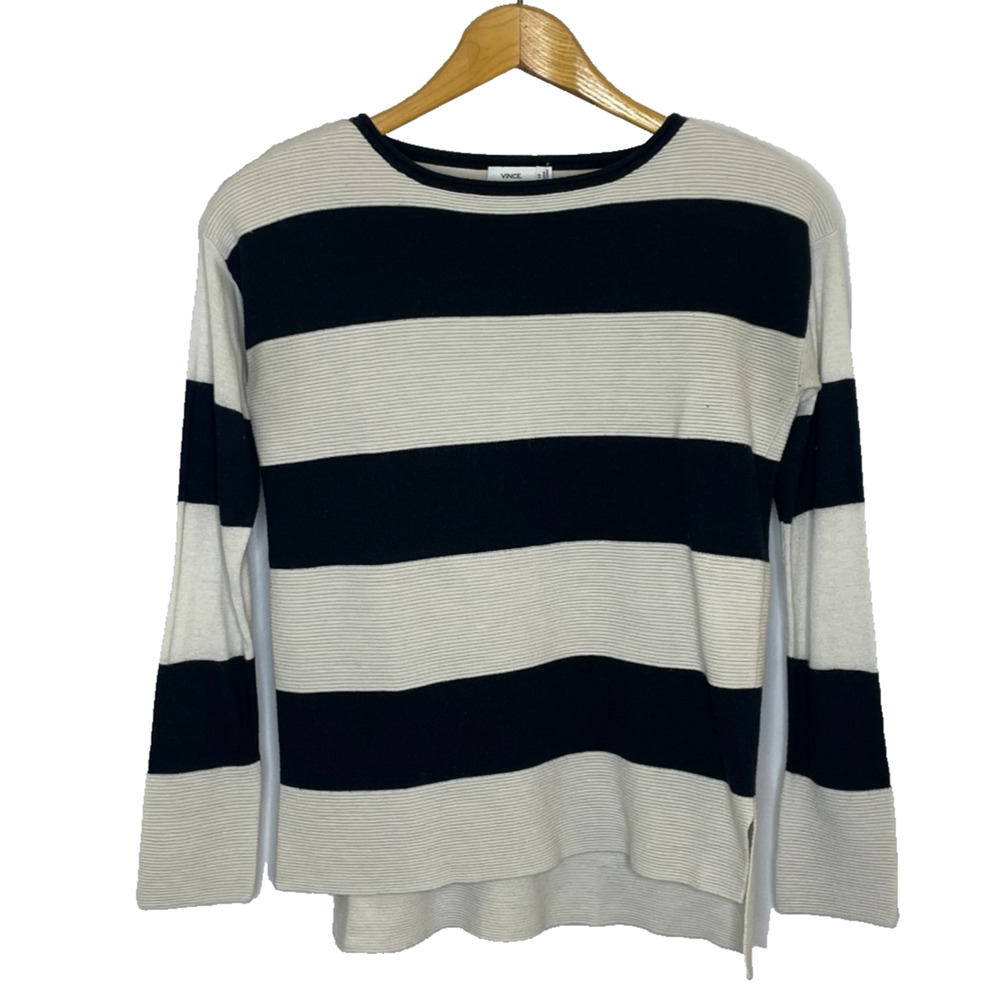 Women's XS Vince. Black White Stripe Knit Viscose Blend Long Sleeve Shirt